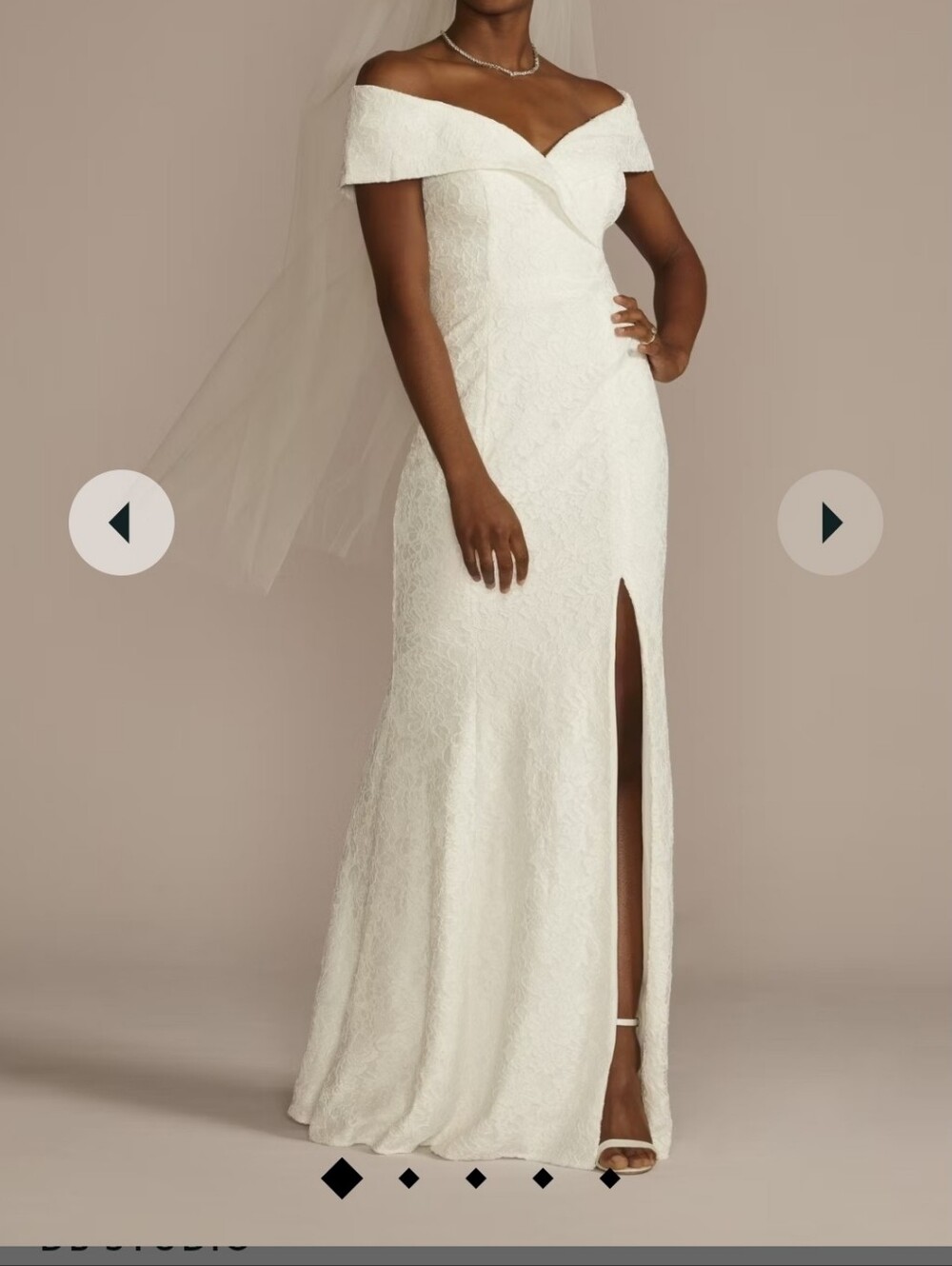 David's Bridal off shoulder lace wedding dress